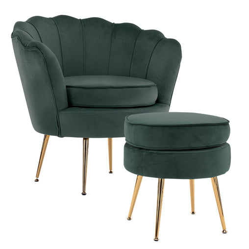 La Bella Shell Scallop Green Armchair Accent Chair Velvet + Round Ottoman Footstool Furniture > Bar Stools & Chairs V274-FT-VAC-ST-1596-GN Online Furniture