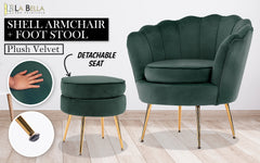 La Bella Shell Scallop Green Armchair Accent Chair Velvet + Round Ottoman Footstool Furniture > Bar Stools & Chairs V274-FT-VAC-ST-1596-GN Online Furniture