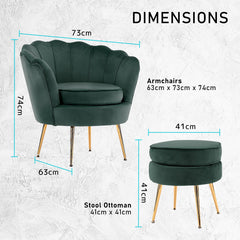 La Bella Shell Scallop Green Armchair Accent Chair Velvet + Round Ottoman Footstool Furniture > Bar Stools & Chairs V274-FT-VAC-ST-1596-GN Online Furniture