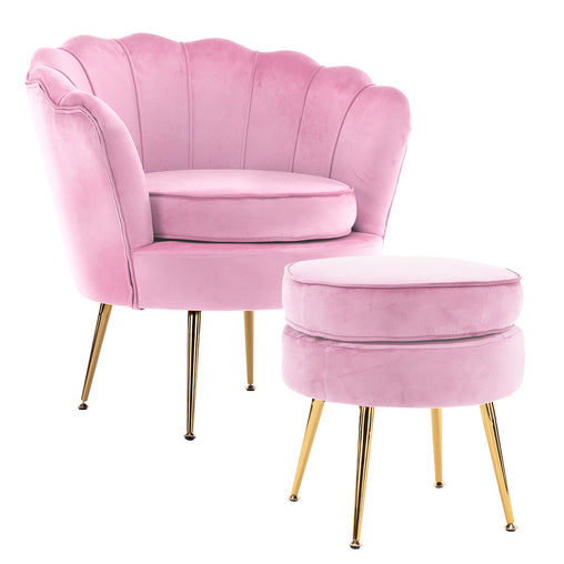 La Bella Shell Scallop Pink Armchair Accent Chair Velvet + Round Ottoman Footstool Furniture > Bar Stools & Chairs V274-FT-VAC-ST-1596-PK Online Furniture