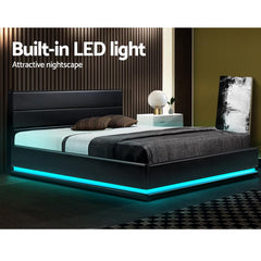 Lumi LED Bed Frame PU Leather Gas Lift Storage - Black Double - ozily