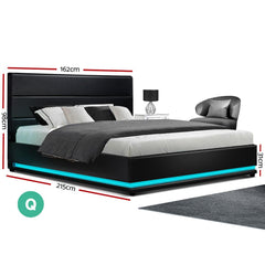 Lumi LED Bed Frame PU Leather Gas Lift Storage - Black Queen - ozily