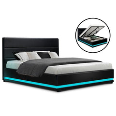 Lumi LED Bed Frame PU Leather Gas Lift Storage - Black Queen - ozily