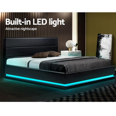Lumi LED Bed Frame PU Leather Gas Lift Storage - Black Queen - ozily