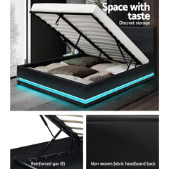 Lumi LED Bed Frame PU Leather Gas Lift Storage - Black Queen - ozily