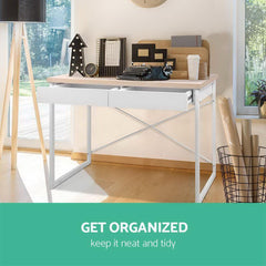 Metal Desk with Drawer - White with Wooden Top - ozily