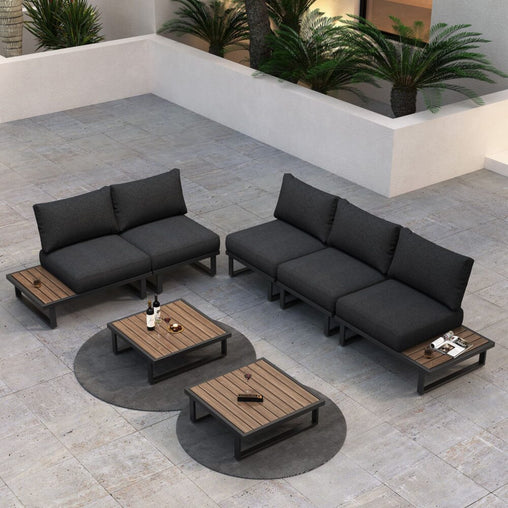 Modern Outdoor 7 Piece Lounge Set with Slatted Polywood Design Tables Furniture > Outdoor V264-OTF-535A-BLK-7PC Online Furniture