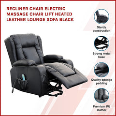 Recliner Chair Electric Massage Chair Lift Heated Leather Lounge Sofa Black Furniture > Bar Stools & Chairs V63-834091 Online Furniture