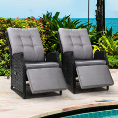 Recliner Chairs Sun lounge Outdoor Furniture Setting Patio Wicker Sofa Black 2pcs - ozily