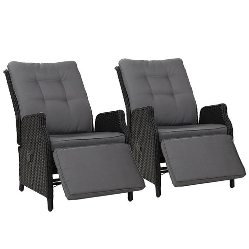 Recliner Chairs Sun lounge Outdoor Furniture Setting Patio Wicker Sofa Black 2pcs - ozily