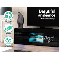 RGB LED TV Stand Cabinet Entertainment Unit Gloss Furniture Black - 130 - ozily