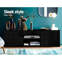 RGB LED TV Stand Cabinet Entertainment Unit Gloss Furniture Black - 130 - ozily