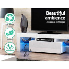 RGB LED TV Stand Cabinet Entertainment Unit Gloss Furniture Drawer Tempered Glass Shelf White - 130cm - ozily