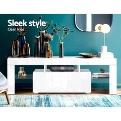 RGB LED TV Stand Cabinet Entertainment Unit Gloss Furniture Drawer Tempered Glass Shelf White - 130cm - ozily