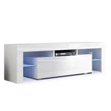 RGB LED TV Stand Cabinet Entertainment Unit Gloss Furniture Drawer Tempered Glass Shelf White - 130cm
