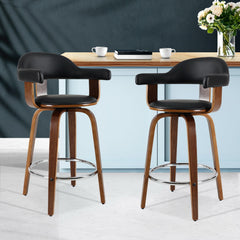 Set of 2 Bar Stools PU Leather Wooden Swivel - Wood, Chrome and Black Furniture BA-TW-8036-BKX2 Online Furniture