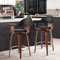 Set of 2 Bar Stools PU Leather Wooden Swivel - Wood, Chrome and Black Furniture BA-TW-8036-BKX2 Online Furniture