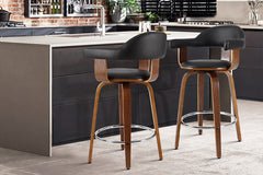 Set of 2 Bar Stools PU Leather Wooden Swivel - Wood, Chrome and Black Furniture BA-TW-8036-BKX2 Online Furniture