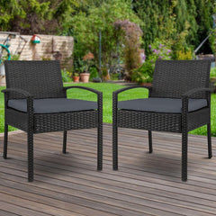 Set of 2 Outdoor Dining Chairs Wicker Chair Patio Garden Furniture Lounge Setting Bistro Set Cafe Cushion Gardeon Black - ozily