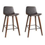 Set of 2 PU Leather Bar Stools Square Footrest - Wood and Brown