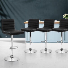 Set of 4 PU Leather Lined Pattern Bar Stools- Black and Chrome - ozily