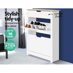 Shoe Cabinet Rack Storage Organiser Cupboard Shelf Drawer 16 Pairs White - ozily