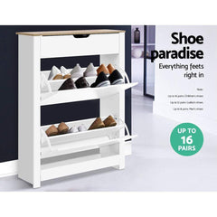Shoe Cabinet Rack Storage Organiser Cupboard Shelf Drawer 16 Pairs White - ozily