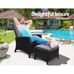 Sun lounge Recliner Chair Wicker Lounger Sofa Day Bed Outdoor Furniture Patio Garden Cushion Ottoman Black Gardeon Furniture > Outdoor ODF-RECLINER-CHOTM-BK Online Furniture