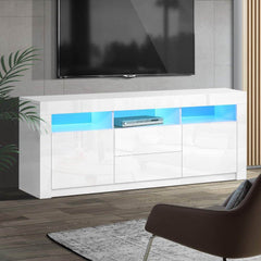 TV Cabinet Entertainment Unit Stand RGB LED Gloss Drawers 160cm White - ozily