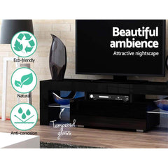 TV Cabinet Entertainment Unit Stand RGB LED Gloss Furniture 130cm Black - ozily