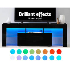 TV Cabinet Entertainment Unit Stand RGB LED Gloss Furniture 130cm Black - ozily