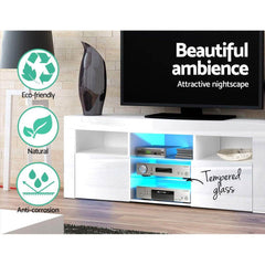 TV Cabinet Entertainment Unit Stand RGB LED Gloss Furniture 145cm White - ozily