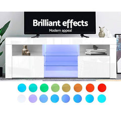 TV Cabinet Entertainment Unit Stand RGB LED Gloss Furniture 145cm White - ozily