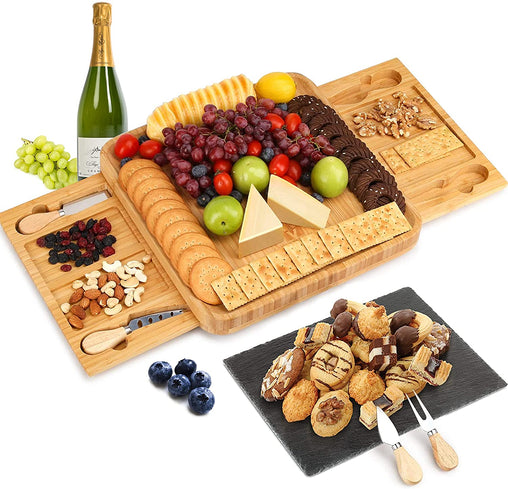 VIKUS Bamboo Cheese Board and Knife Set with Cutlery including Slate Rock Tray, 4 Stainless Steel Knife & Thick Wooden tray - ozily