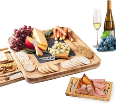 VIKUS Bamboo Cheese Board Set with Knife Set with 4 Stainless Steel Knife & Thick Wooden tray for Wine Crackers, Brie and Meat - ozily