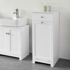 White Bathroom Cabinet with Laundry Basket and Drawer - ozily