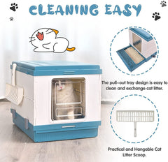 XL Portable Cat Toilet Litter Box Tray Foldable House with Handle and Scoop Blue Pet Care > Cat Supplies V278-AT1001-LITTER-TRAY-BLUE Online Furniture