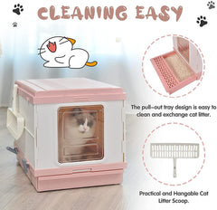 XL Portable Cat Toilet Litter Box Tray Foldable House with Handle and Scoop Pink Pet Care > Cat Supplies V278-AT1001-LITTER-TRAY-PINK Online Furniture